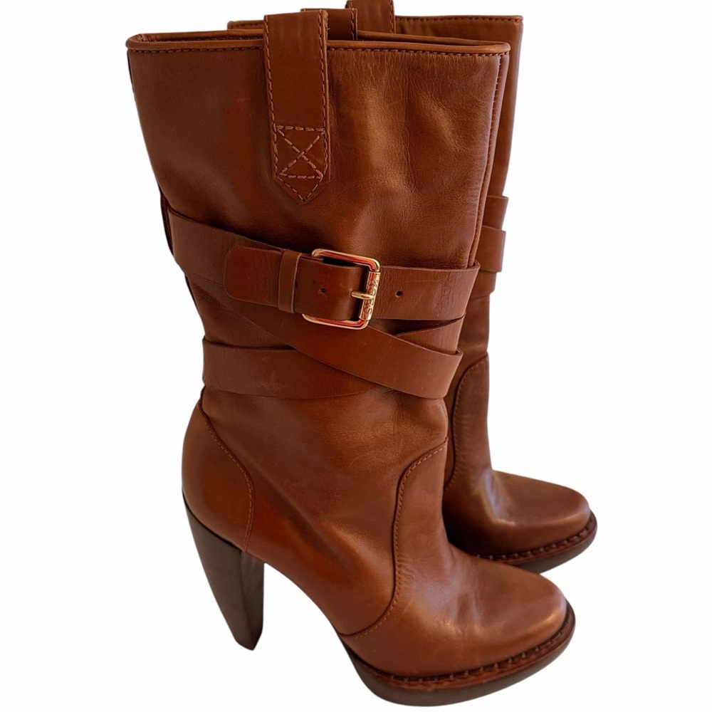 Michael Kors "Lisa" Brown Leather Mid-Calf Biker Boots 7